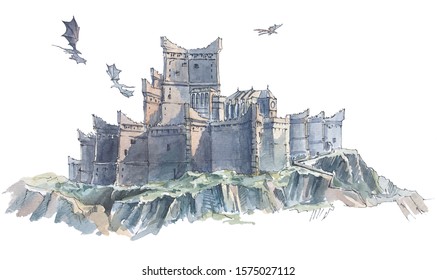 Custom Hand Drawn Watercolor Illustration Of Medieval Castle. 