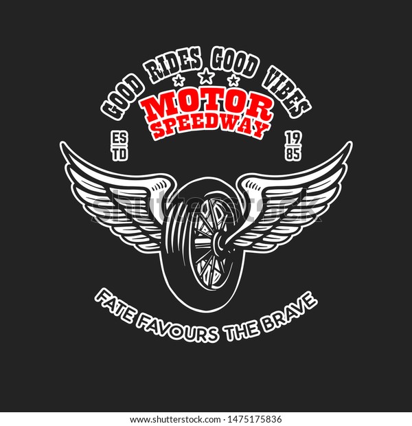 Custom motorcycles.
Poster template with winged wheel. Design element for poster, logo,
label, sign,
badge.