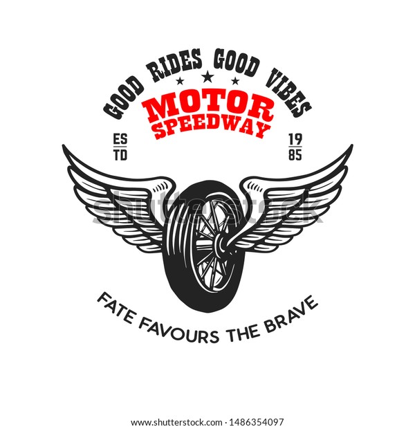 Custom motorcycles.
Poster template with winged wheel. Design element for poster, logo,
label, sign, badge.
