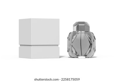 Custom Perfume Box Packaging PSD Mockup with Bottle 3D Rendering Isolated on White
