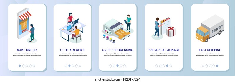 Custom T-shirt Printing Online Services Mobile App Onboarding Screens. Menu Banner Template For Website And Application Development. Order Making Receiving And Processing, Boxing And Delivery.