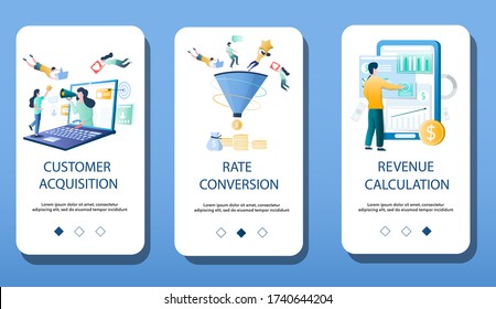 Customer Acquisition, Rate Conversion, Revenue Calculation Mobile App Onboarding Screens. Menu Banner Template For Website And Application Development.