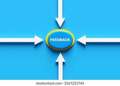 Customer, client or user feedback concept. Blue button with feedback text surrounded by white arrows pointing towards it on blue background. 3d render.