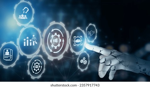Customer data analytics concept. AI analytics the target customer, buyer persona, customer journey, using marketing automation for personalized marketing. Robot touching on screen to target customer.