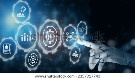 Customer data analytics concept. AI analytics the target customer, buyer persona, customer journey, using marketing automation for personalized marketing. Robot touching on screen to target customer.