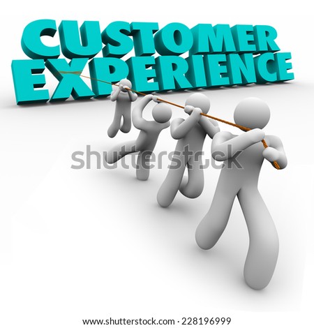 Customer Experience 3d words pulled by a team of workers or staff to improve client satisfaction from every step of buying process from browsing to usage