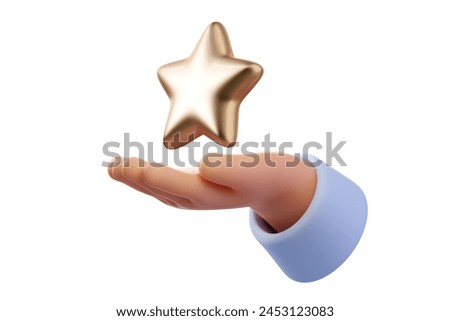Customer Experience Concept. Hand of Client giving Golden Star isolated on white background. Feedback, Add to favorites. Satisfaction Rating. Customer Service. 3d render. 3D Illustration