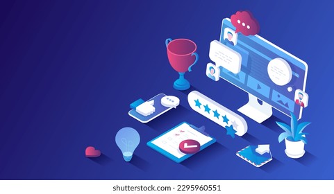 Customer feedback. Five star feedback, site rating, high-ranking concept. Different reviews and comments from clients on the monitor screen. Isometric landing page. Raster web banner.	
