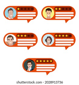 Customer Feedback And Review, Experience Satisfaction With Golden Stars, Speech Bubble With Survey, Message Opinion Online By Users Man And Woman, Social Chat Illustration Set