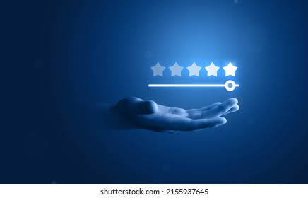 Customer hand review feedback glowing rating five star service best product quality of ranking evaluation rate or user experience good satisfaction and excellent business success on vote background.