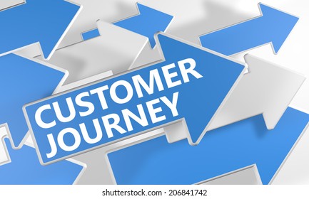 Customer Journey 3d Render Concept With Blue And White Arrows Flying Over A White Background.