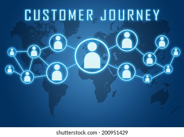 Customer Journey Concept On Blue Background With World Map And Social Icons.