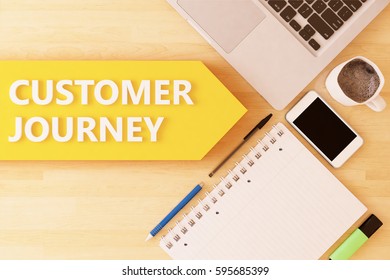 Customer Journey - linear text arrow concept with notebook, smartphone, pens and coffee mug on desktop - 3d render illustration. - Powered by Shutterstock