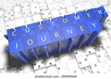 Customer Journey - Puzzle 3d Render Illustration With Block Letters On Blue Jigsaw Pieces 