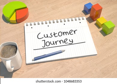 Customer Journey - text concept with notebook, coffee mug, bar graph and pie chart on wooden background - 3d render illustration. - Powered by Shutterstock