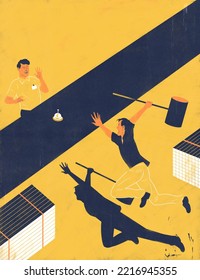 A Customer Jumps Up With A Hammer In His Hand To Call The Cashier's Attention. This Conceptual Illustration Depicts The Anger That Can Invest Some Customers When Dealing With Customer Attention