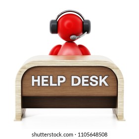 Customer representative with headset sitting on the help desk. 3D illustration.