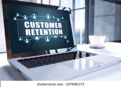 Customer Retention text on modern laptop screen in office environment. 3D render illustration business text concept.