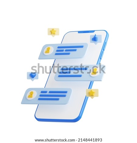 Customer review 3d render - mobile phone with feedback application with star rating and comments from users. Opinion and satisfaction of customers concept for request to rate and leave review.
