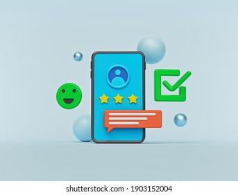 Customer reviews, user rating, feedback concept with a smartphone. minimal design. 3d rendering