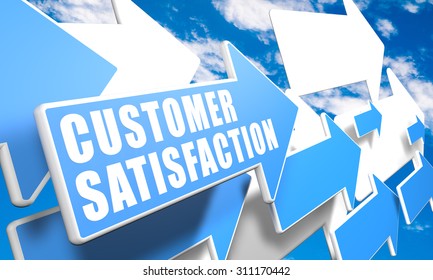 Customer Satisfaction - 3d render concept with blue and white arrows flying in a blue sky with clouds