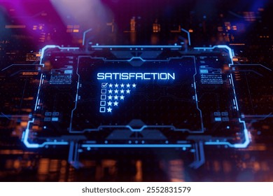 Customer satisfaction rating interface on a digital lcd display with reflection. Concept of feedback survey, customer service evaluation, business reputation rankings and satisfaction experience.