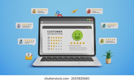 Customer satisfaction survey concept. Users rating, online experiences review, Customers feedback comments and review., Quality of service, business reputation. 5 star customer reviews on 3D laptop
