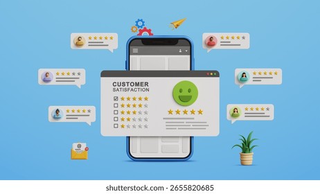 Customer satisfaction survey concept. Users rating, online experiences review, Customers feedback comments and review., Quality of service, business reputation. 5 star customer reviews on 3D mobile