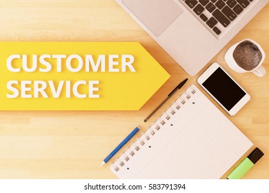 Customer Service - linear text arrow concept with notebook, smartphone, pens and coffee mug on desktop - 3d render illustration.