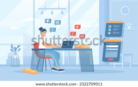 Customer service, Problem solving, Client support. Operator answer for clients calling. Flat cartoon raster illustration with people characters for banner, website design, landing web page