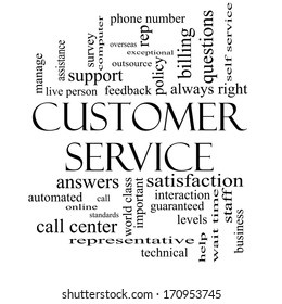 Customer Service Word Cloud Concept In Black And White With Great Terms Such As Call Center, Help, Staff, Rep And More.