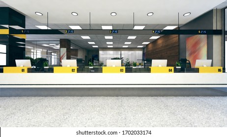 Customer stand with digital counter in large open space office 3D rendering - Powered by Shutterstock