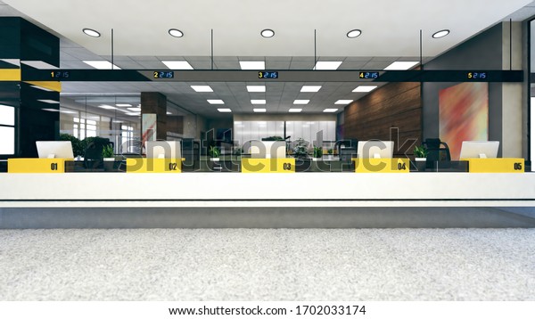 Customer stand with digital counter in large\
open space office 3D\
rendering