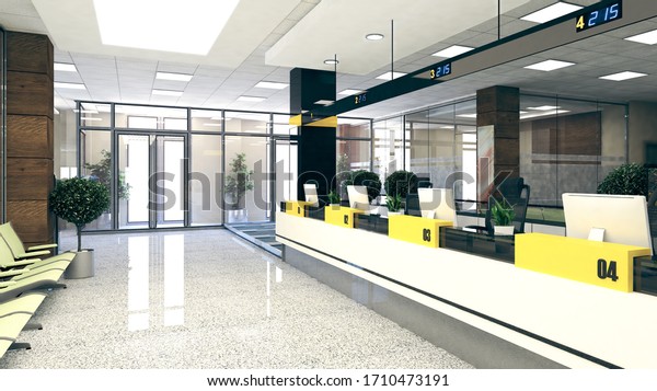 Customer stand with digital\
counter in large open space office perspective realistic 3D\
rendering