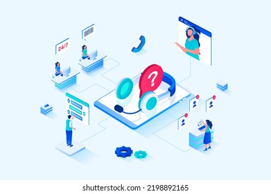 Customer support 3d isometric web design. People call technical support to get advice and resolve their issues, operators in headsets answer and advise, chatting clients. Web illustration