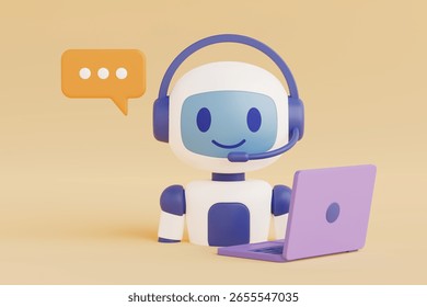 Customer Support And Artificial Intelligence. Cute Chatbot With Headset Working On Laptop With Speech Bubble On Yellow Background. 3d Rendering