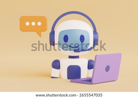 Customer Support And Artificial Intelligence. Cute Chatbot With Headset Working On Laptop With Speech Bubble On Yellow Background. 3d Rendering