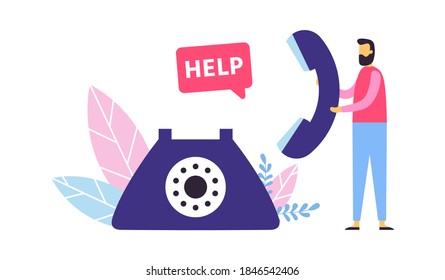 Customer support. Call center concept. Man operator holding landline to provide help to clients. Personal assistance and hotline agent. Communication and consulting  illustration - Powered by Shutterstock