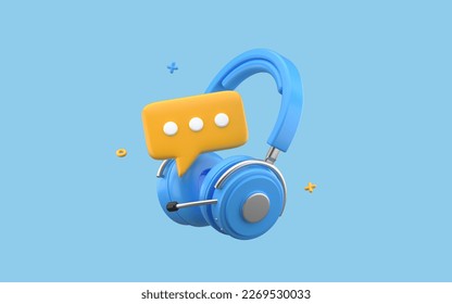 Customer support headphones with message bubble. Hotline service headset on blue background. 3d rendering - Powered by Shutterstock