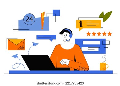 Customer support web concept. Hotline operator answers customer calls, advises. Man works in tech support and solves problems online. Illustration for web page template in flat line design