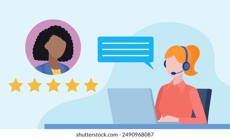 Customer support worker in headset is having conversation with client. Client is giving five star review of support. Flat design illustration.