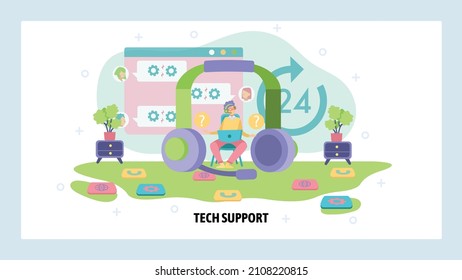 Customer tech support service. Call center, headphones, tech hotline. Business communication, contact us. web site design template. Landing page website illustration