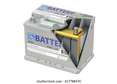 A cut car battery  3D rendering  isolated white background