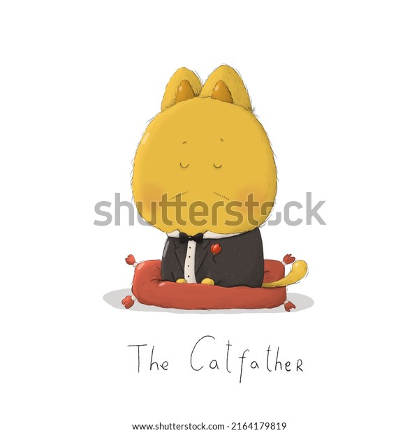 Cut cat\
illustration, funny cat sits on a\
pillow