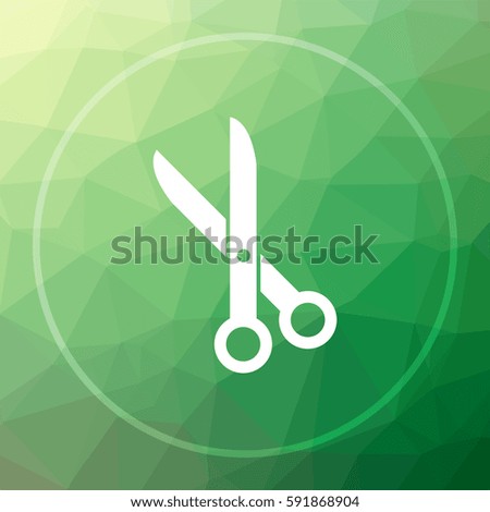 Cut icon. Cut website button on green low poly background.