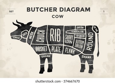 Cut Of Meat Set. Poster Butcher Diagram And Scheme - Cow. Vintage Typographic Hand-drawn. Illustration