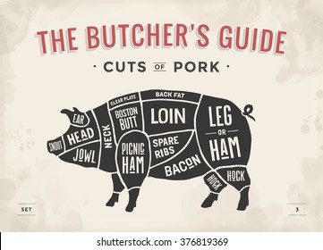 Cut of meat set. Poster Butcher diagram, scheme and guide - Pork. Vintage typographic hand-drawn. Illustration