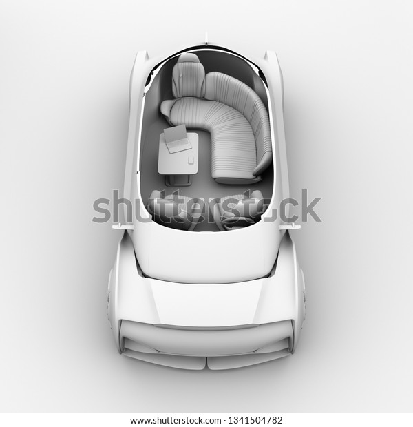 Cutaway clay\
rendering self driving electric car interior. Lounge chair and rear\
facing seats. 3D rendering\
image.
