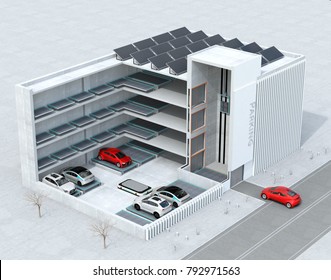 Cutaway Concept Image For Automatic Car Parking System By AGV (Automated  Guided Vehicle). 3D Rendering Image.