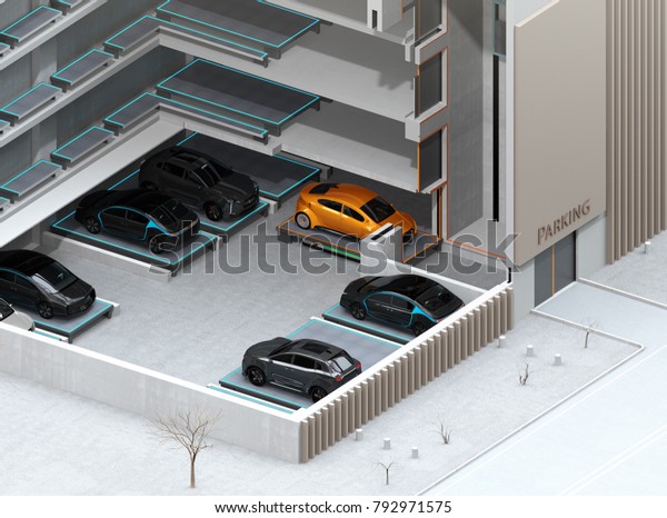 Cutaway concept\
image for automatic car parking system by AGV (Automated  Guided\
Vehicle). 3D rendering\
image.